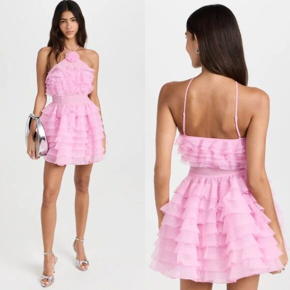 NWT Staud Florian Rosette Appliquéd Ruffled Organza Mini Dress Tulip Pink Size 2 - Picture 11 of 13
